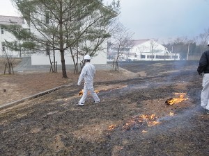 つり下げた火玉（金網の中の布に灯油をしみこませた布が）で芝に火を。