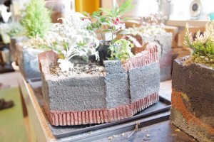 完成例（昨年制作の鉢）鉢の中へは綺麗な花や植物を寄せ植えしていき作品が完成します（ナチュラルアート）。