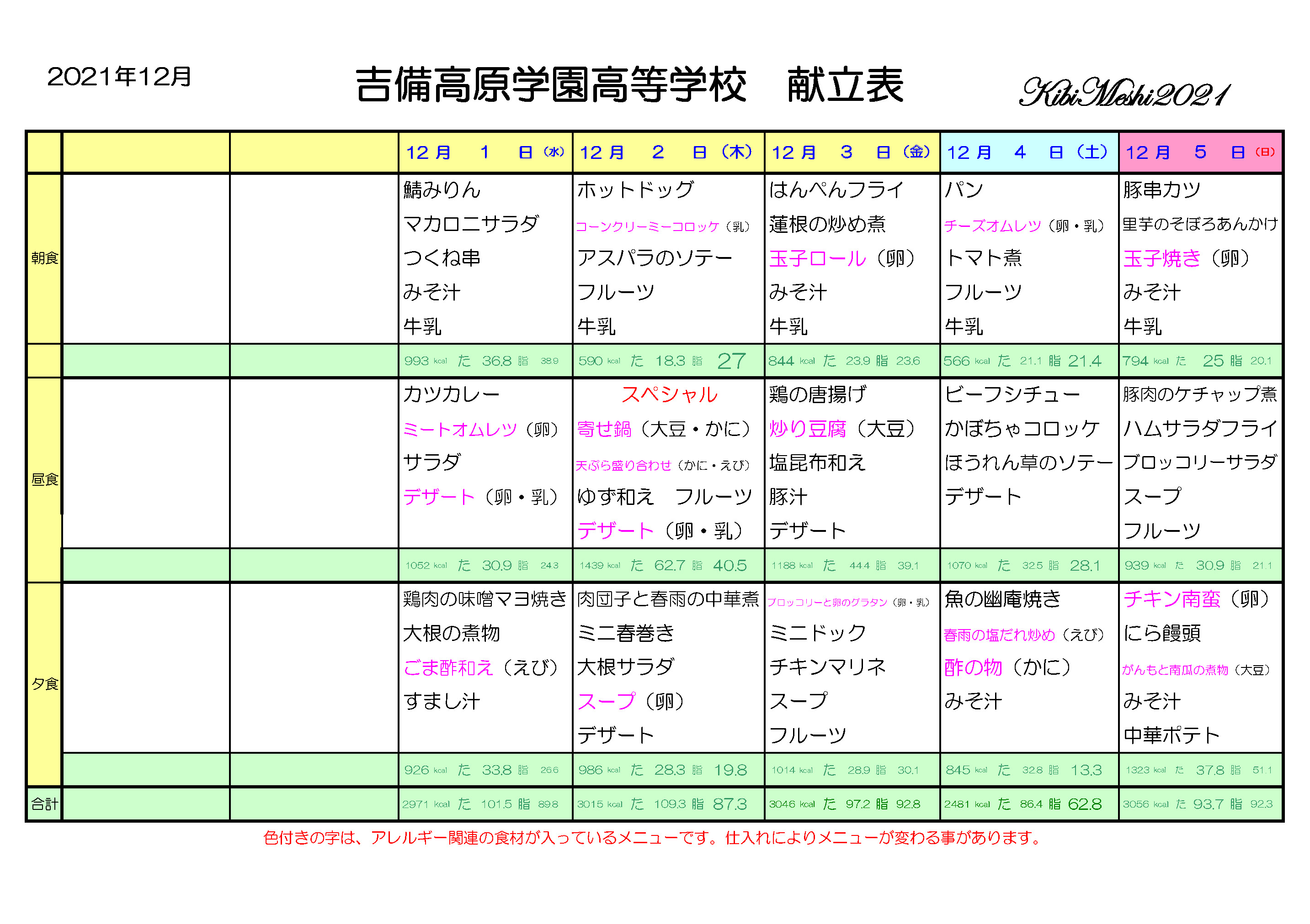 12月の献立表 | Kibi Meshi